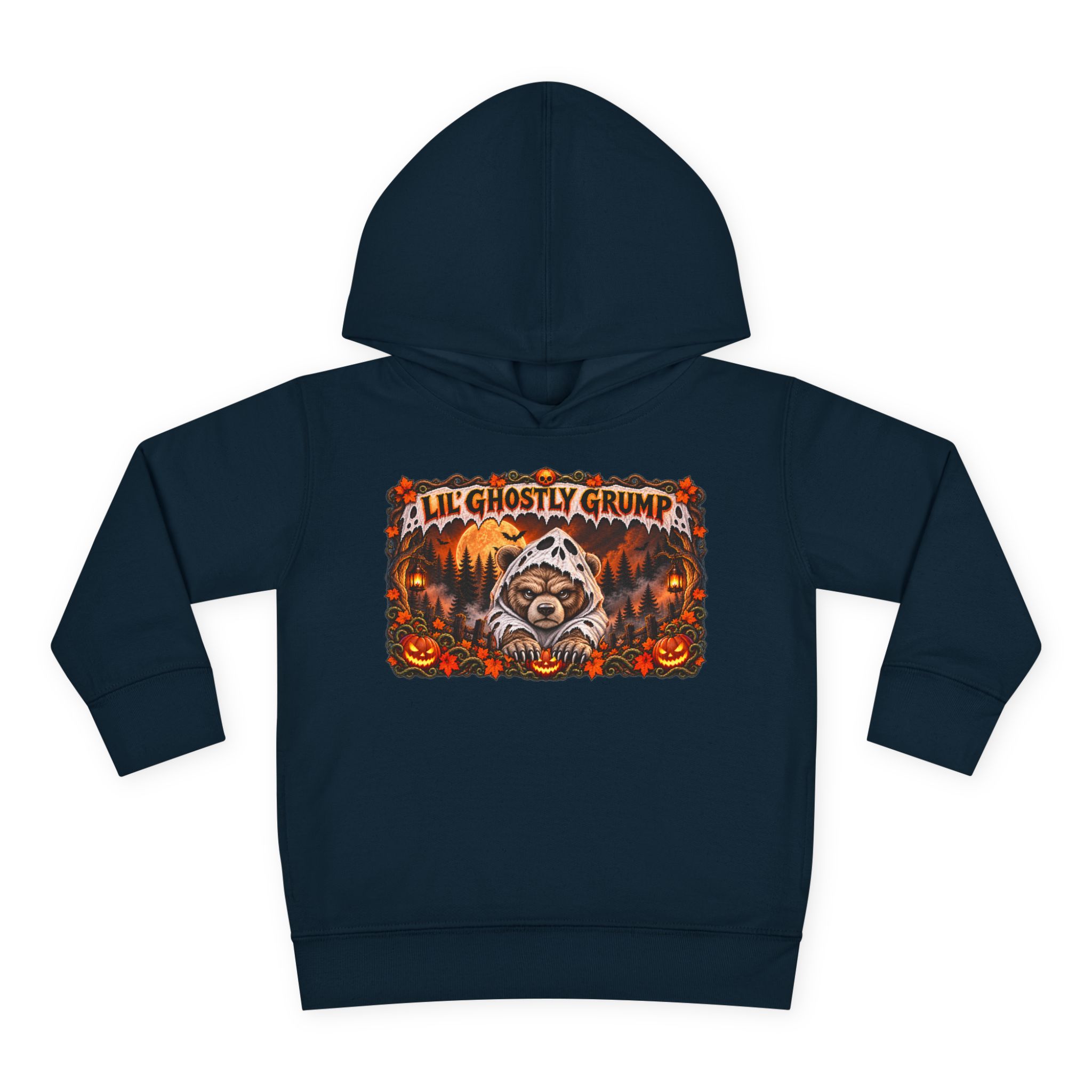Lil’ Ghostly Grump Hoodie in Navy, laid flat