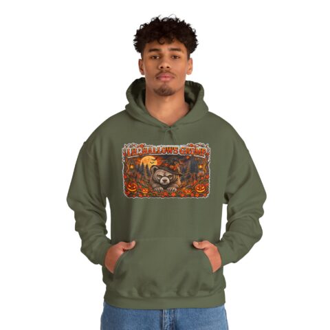 Lil’ Hallows Grump Hoodie in Military Green, worn, front view, second model