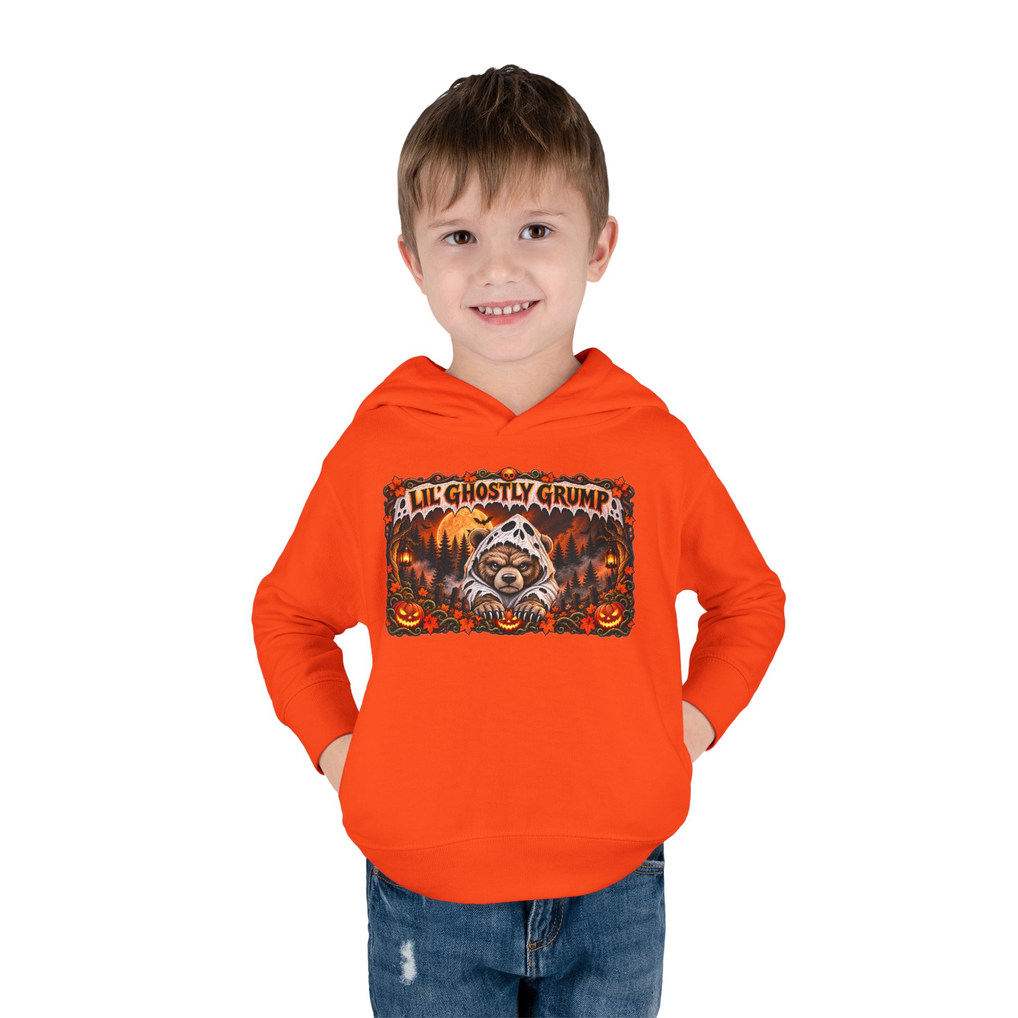 Lil’ Ghostly Grump Hoodie in Orange, worn, front view, second model