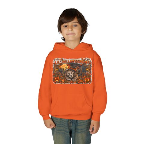 Lil’ Hallows Grump Hoodie in Orange, worn, front view