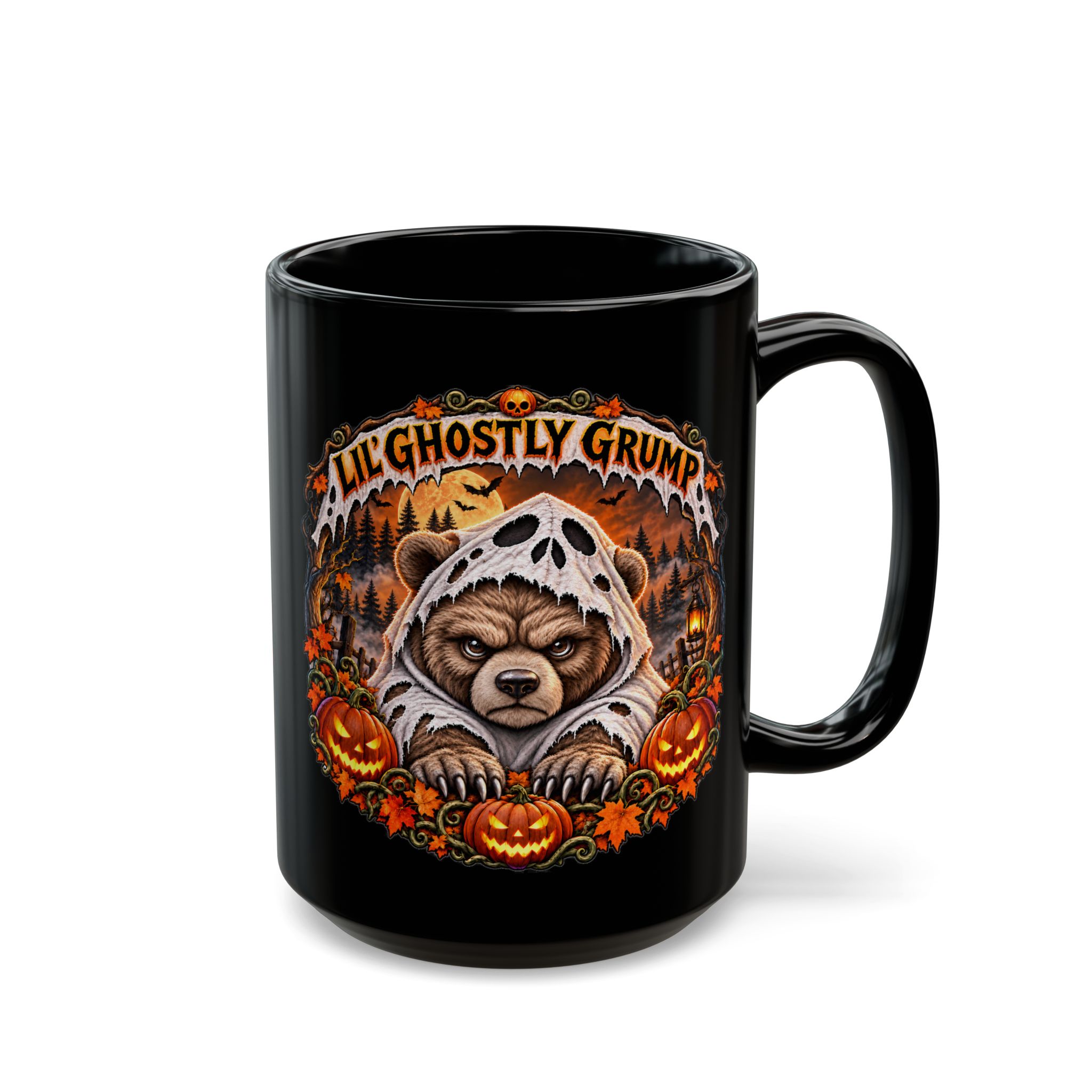 Lil' Ghostly Grump Mug, 15oz black ceramic, front with the handle on the right