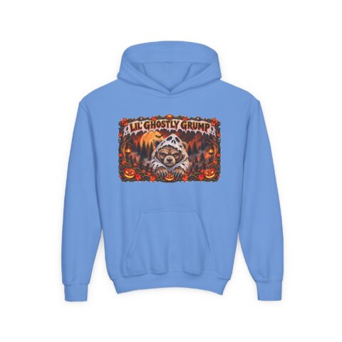 Lil’ Ghostly Grump Hoodie in Carolina Blue, laid flat