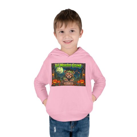 Lil’ Monster Grump Hoodie in Pink, worn, front view, second model