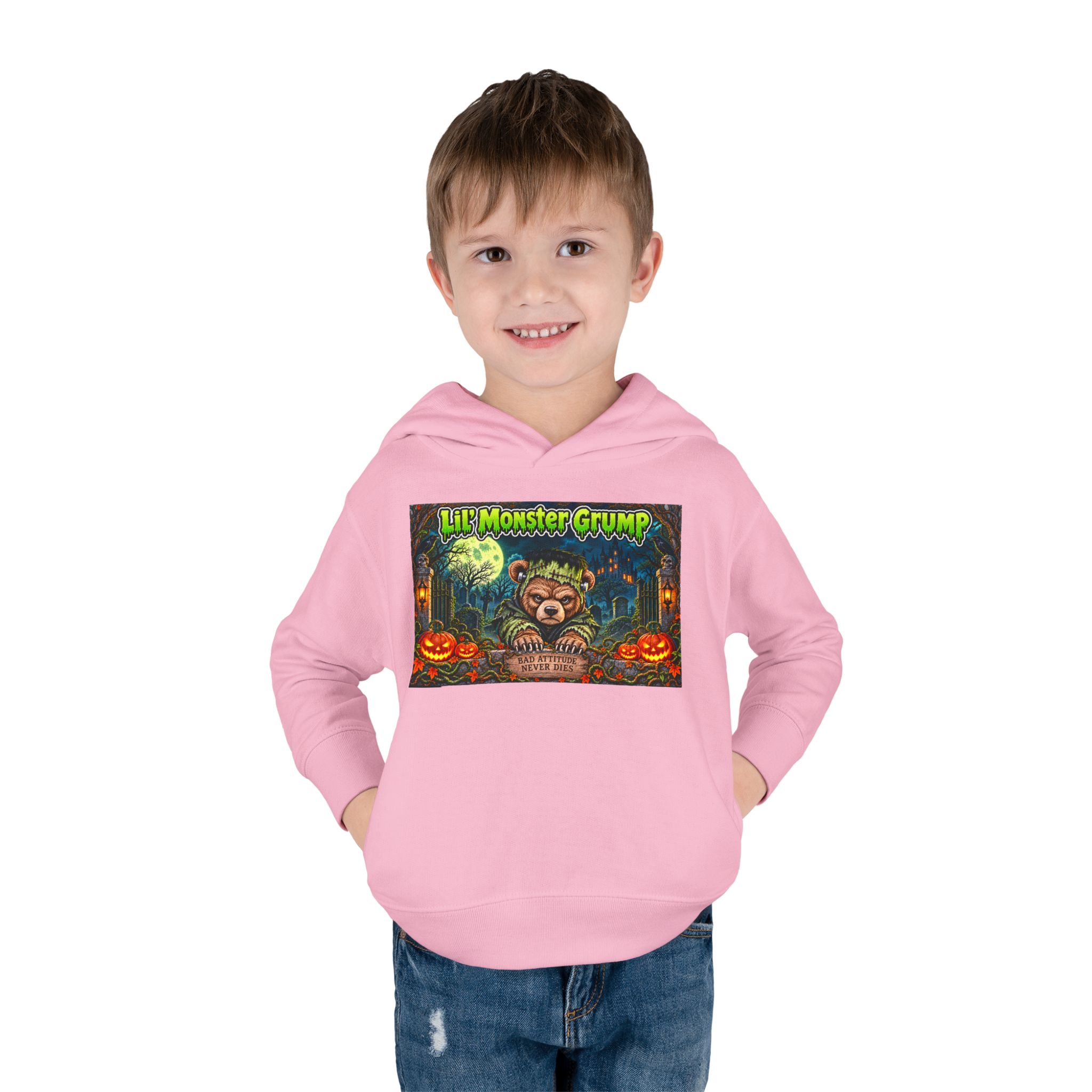 Lil’ Monster Grump Hoodie in Pink, worn, front view, second model