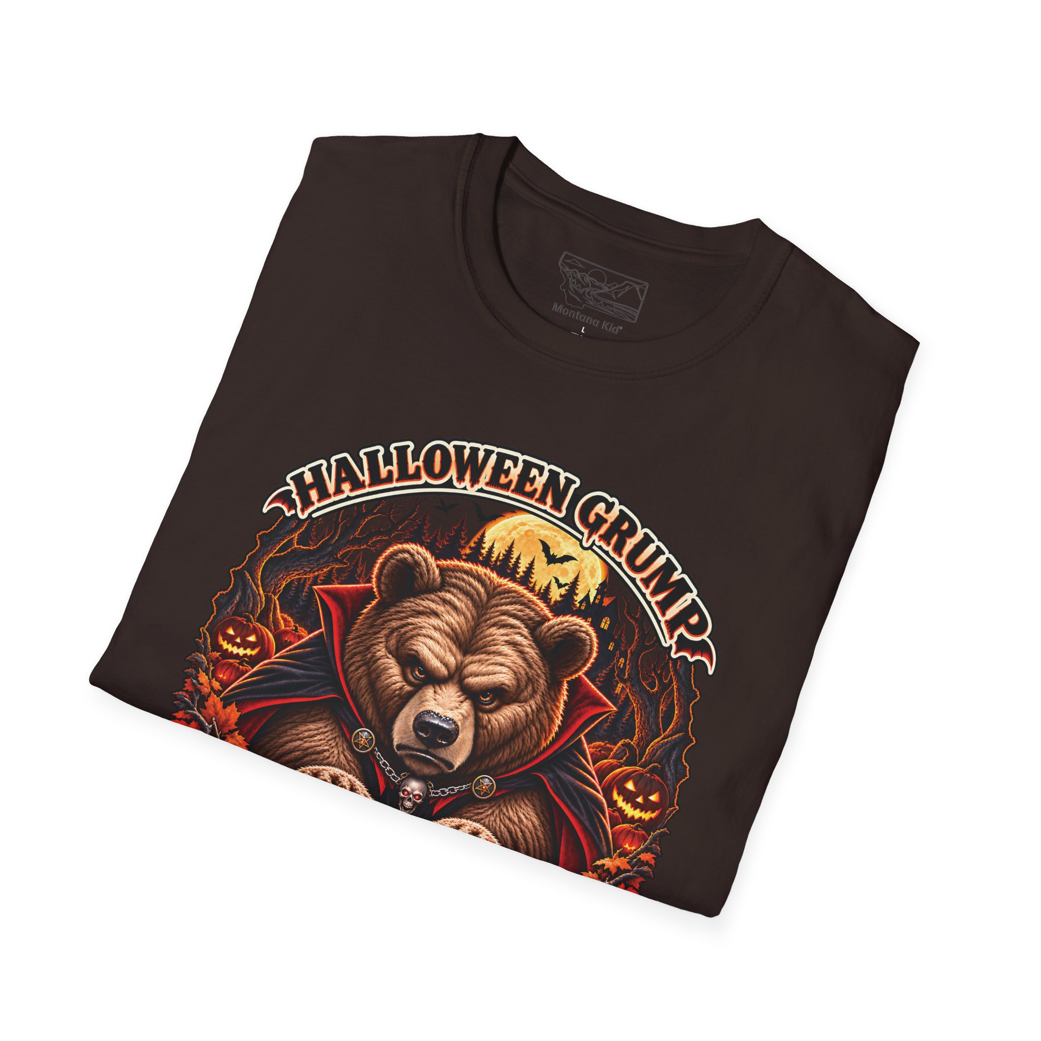 Halloween Grump Tee in Dark Chocolate, folded close-up