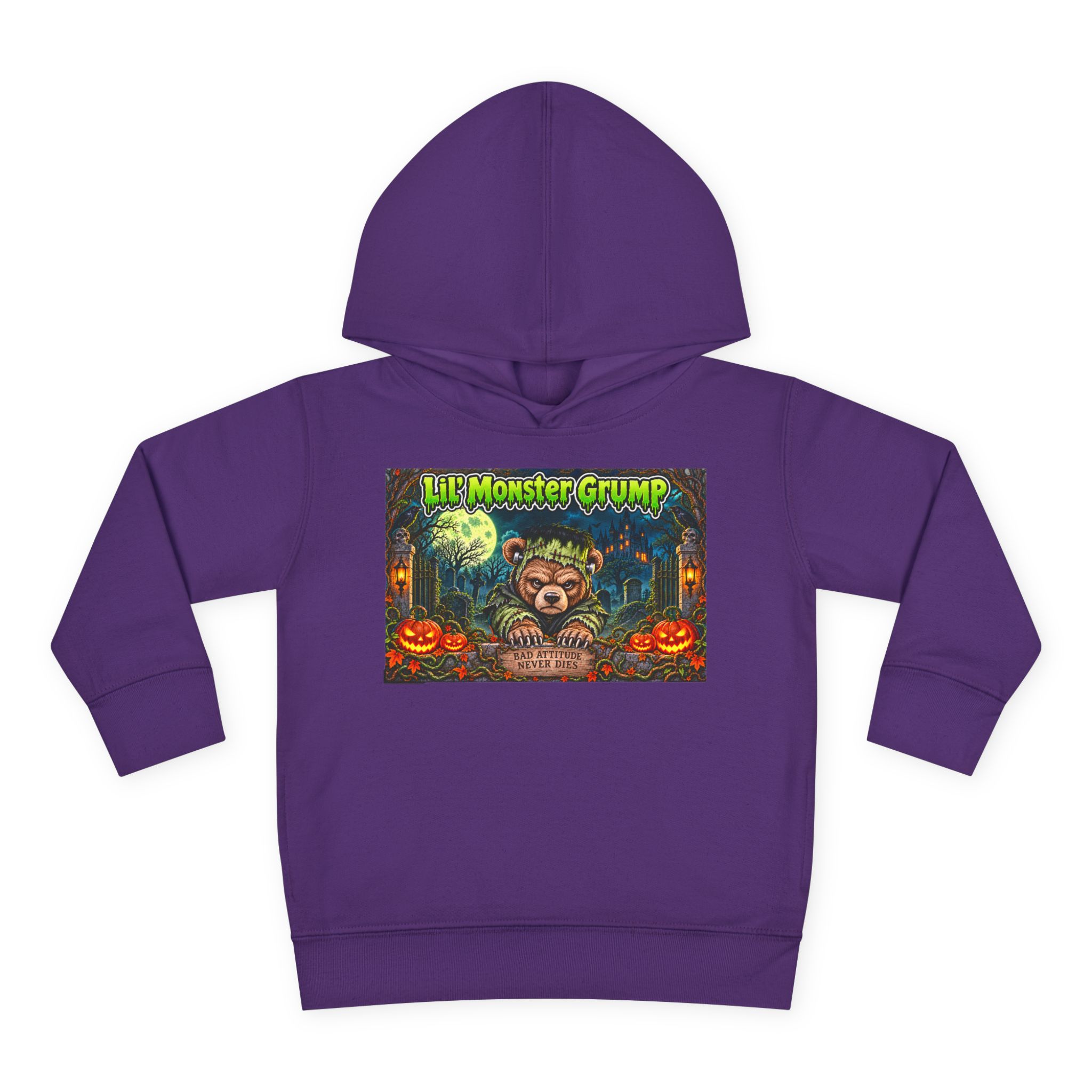 Lil’ Monster Grump Hoodie in Purple, laid flat