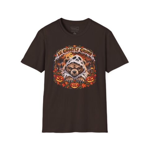 Lil’ Ghostly Grump Tee in Dark Chocolate, laid flat