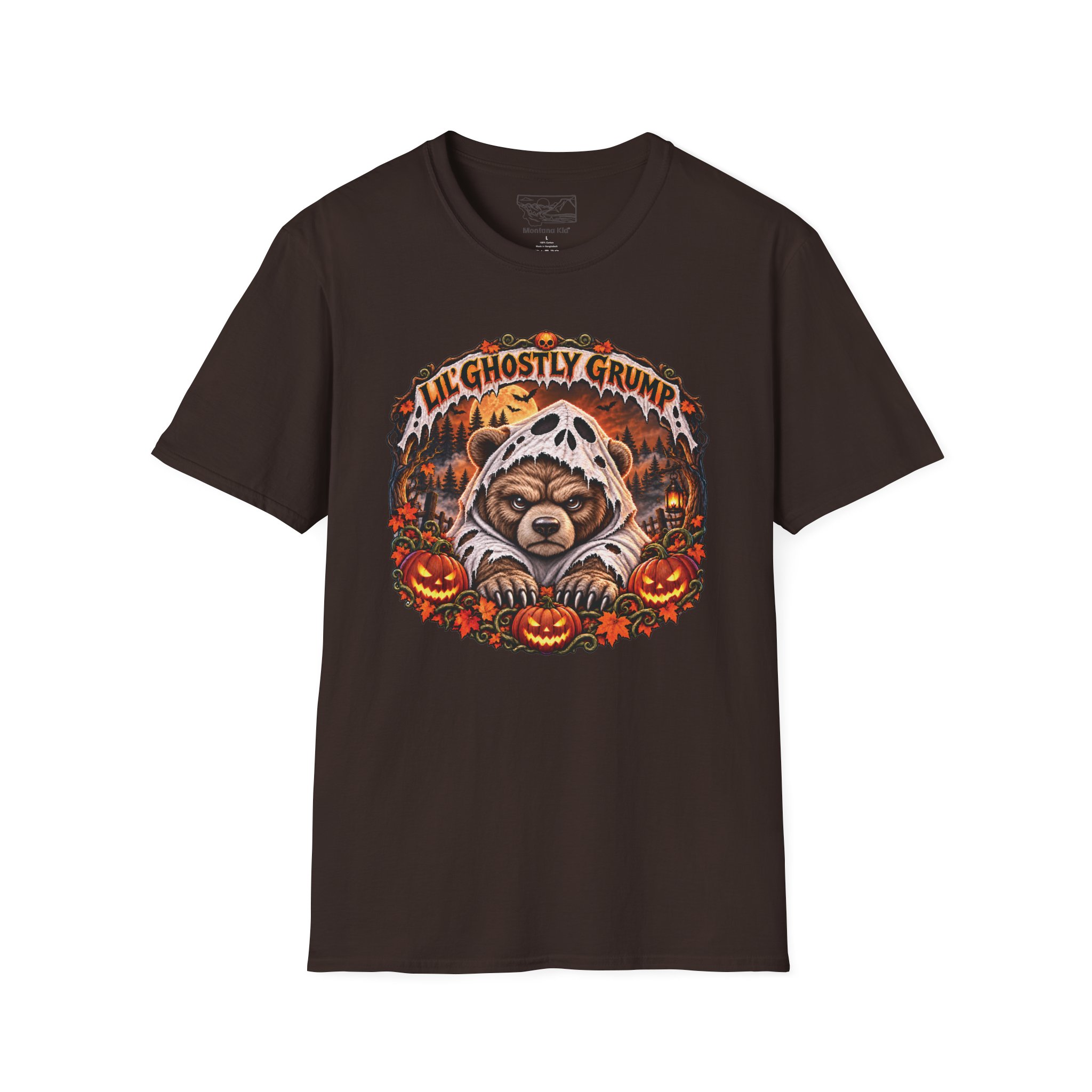 Lil’ Ghostly Grump Tee in Dark Chocolate, laid flat