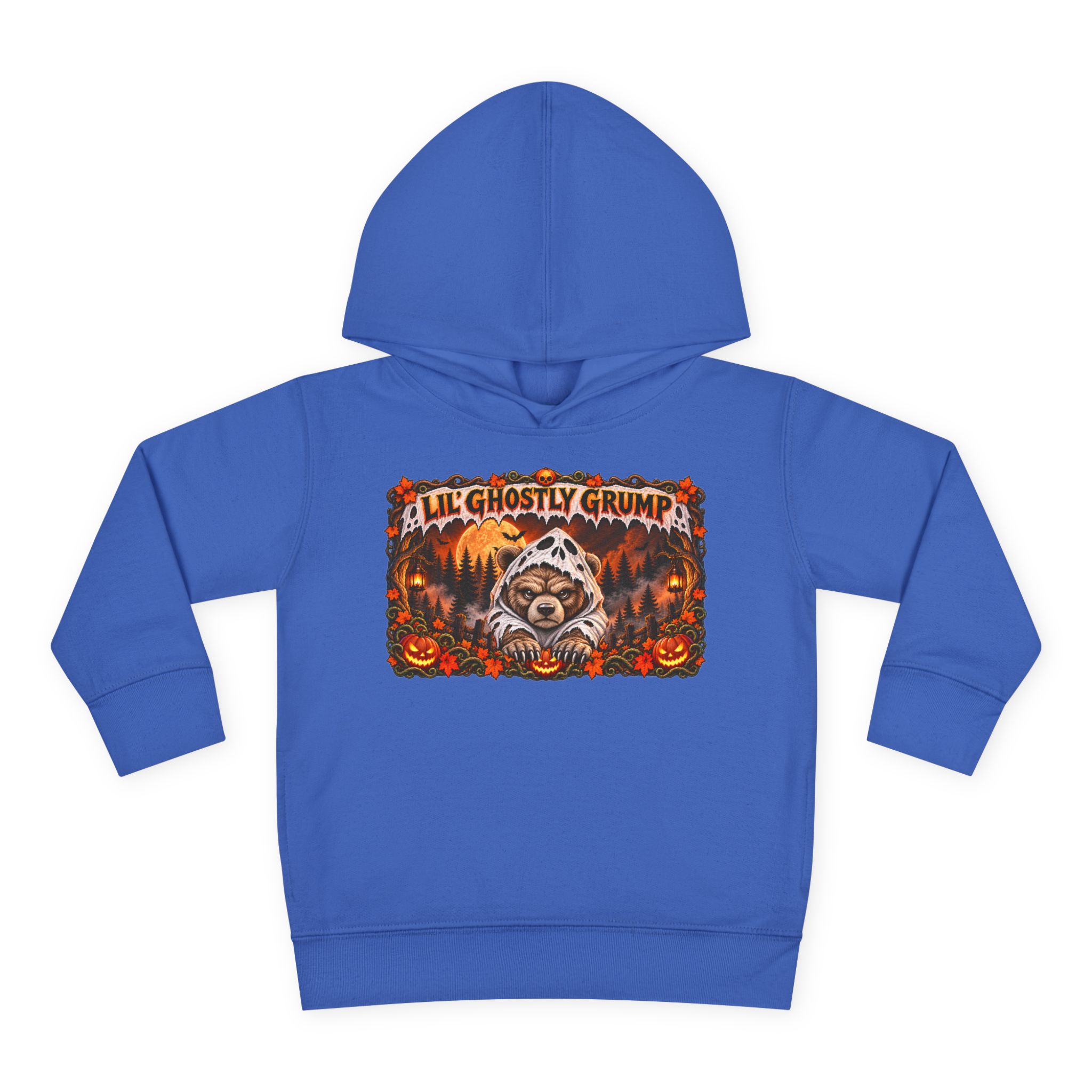 Lil’ Ghostly Grump Hoodie in Vintage Royal, laid flat