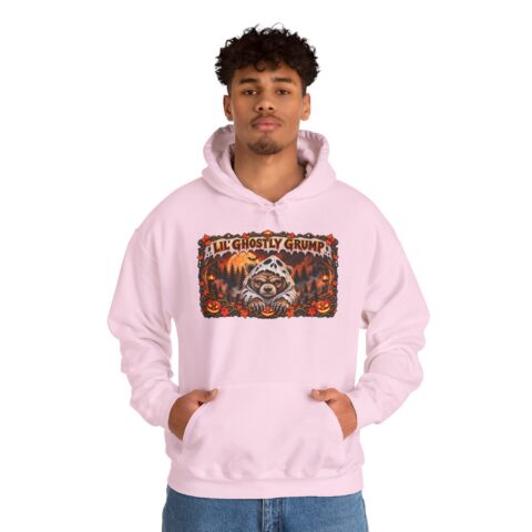 Lil’ Ghostly Grump Hoodie in Light Pink, worn, front view