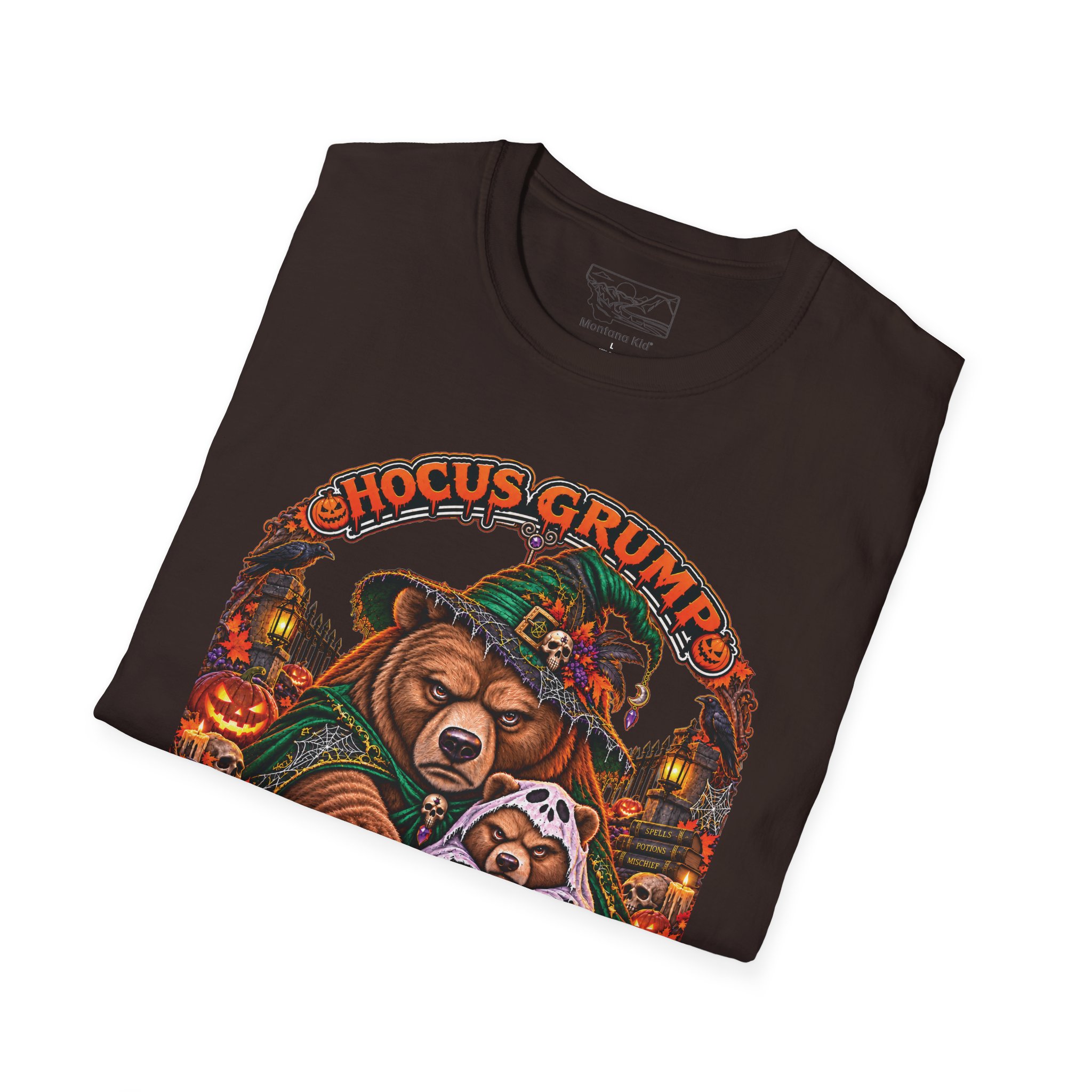 Hocus Grump Tee in Dark Chocolate, folded close-up