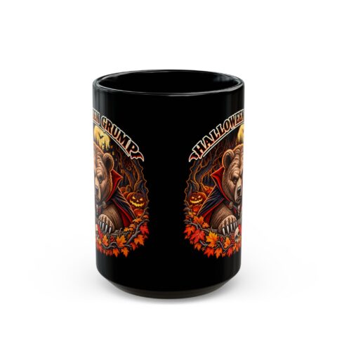 Halloween Grump Mug in black, handle at the back, design printed on both sides