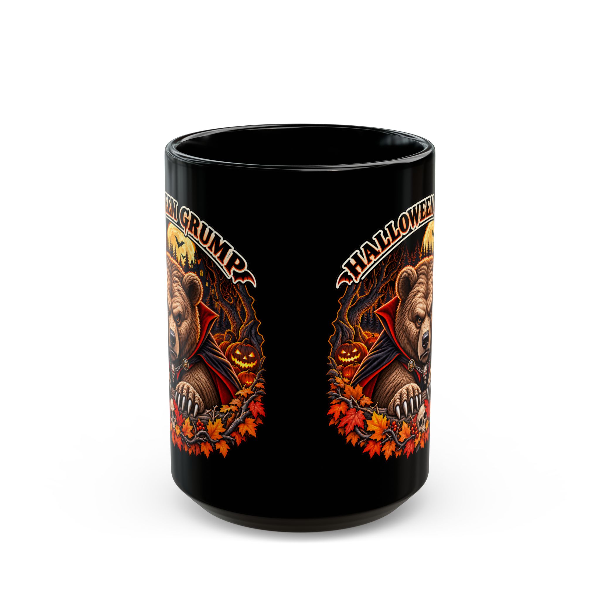 Halloween Grump Mug in black, handle at the back, design printed on both sides