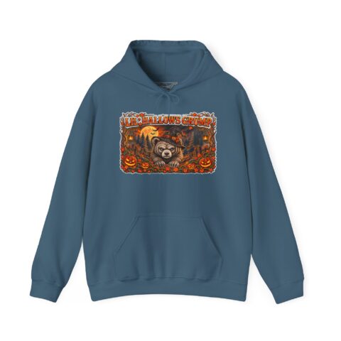 Lil’ Hallows Grump Hoodie in Indigo Blue, laid flat