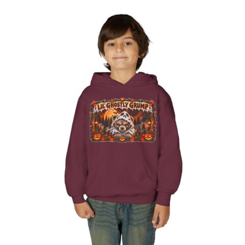 Lil’ Ghostly Grump Hoodie in Maroon, worn, front view