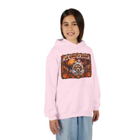 Lil’ Ghostly Grump Hoodie in Light Pink, worn, front view