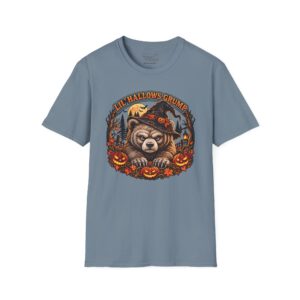 Lil’ Hallows Grump Tee in Stone Blue, laid flat