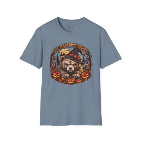 Lil’ Hallows Grump Tee in Stone Blue, laid flat