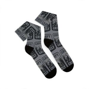 Warning Grumpy Grizzly Crew Socks in Mid Grey, pair laid flat