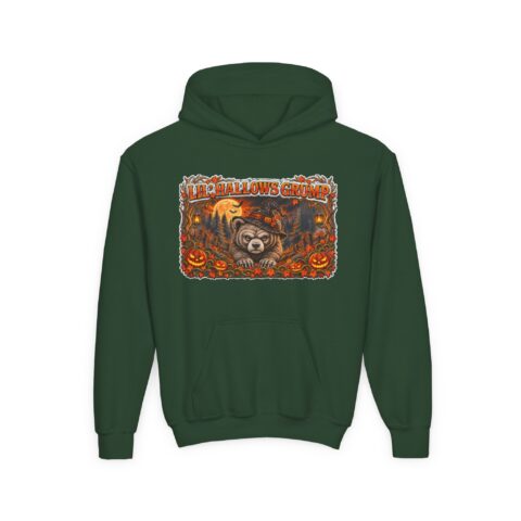 Lil’ Hallows Grump Hoodie in Forest Green, laid flat