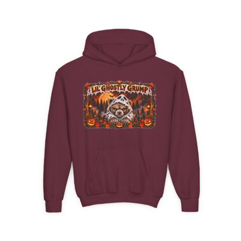 Lil’ Ghostly Grump Hoodie in Maroon, laid flat