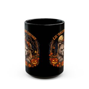 Lil' Hallows Grump Mug in black, handle at the back, design printed on both sides