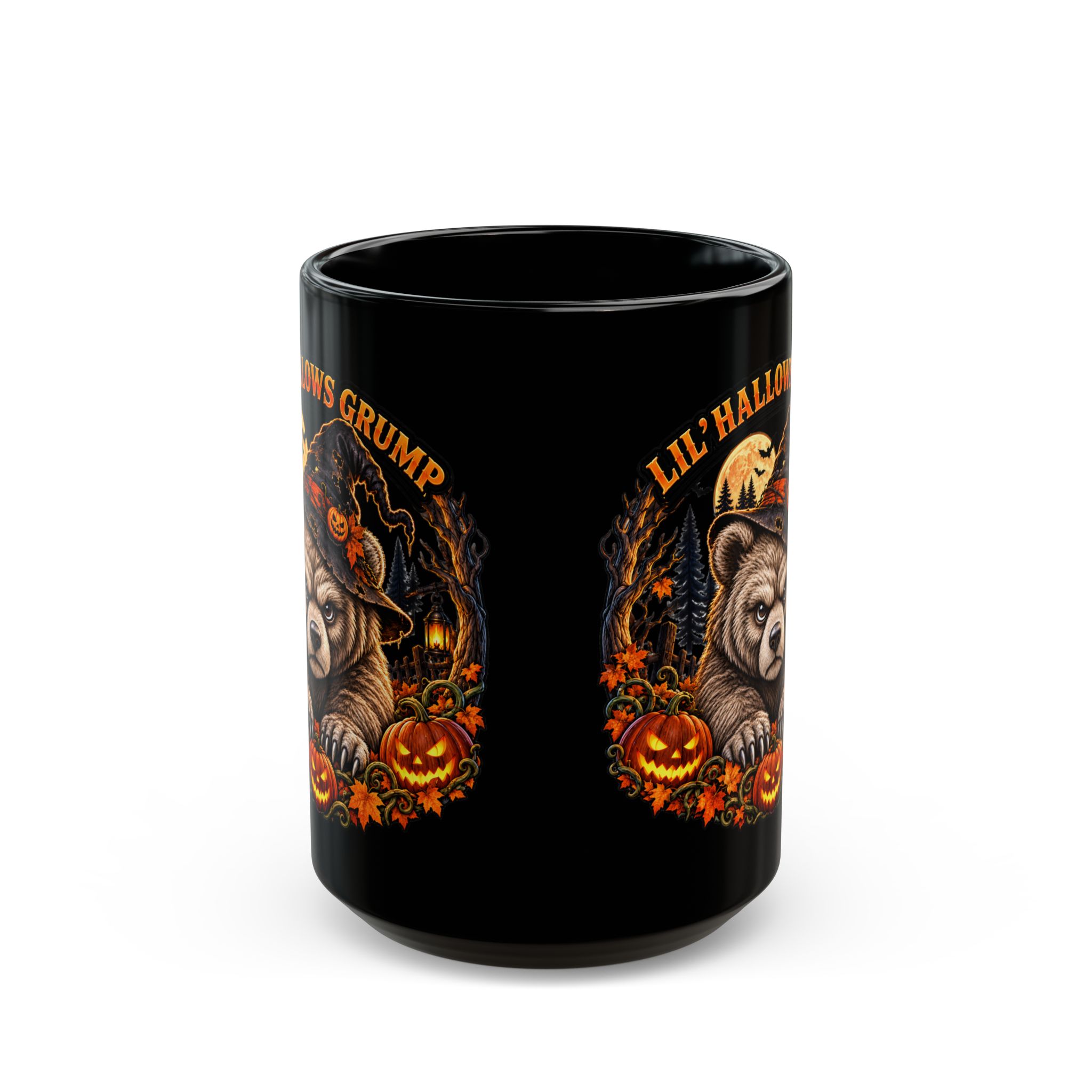 Lil' Hallows Grump Mug in black, handle at the back, design printed on both sides