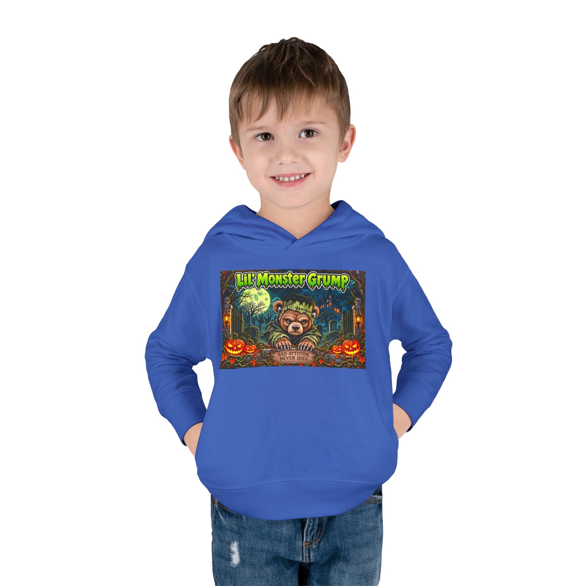 Lil’ Monster Grump Hoodie in Vintage Royal, worn, front view, second model