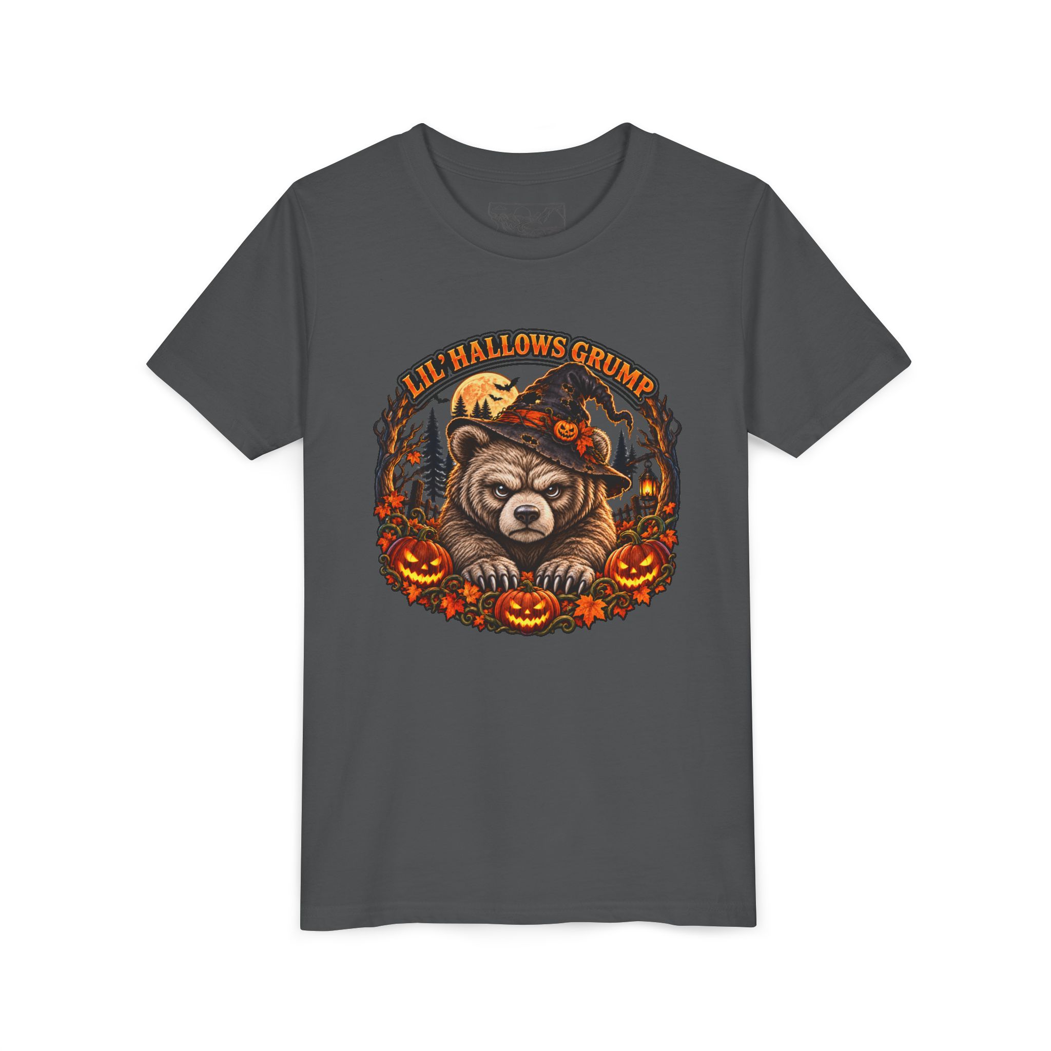 Lil’ Hallows Grump Tee in Asphalt, laid flat