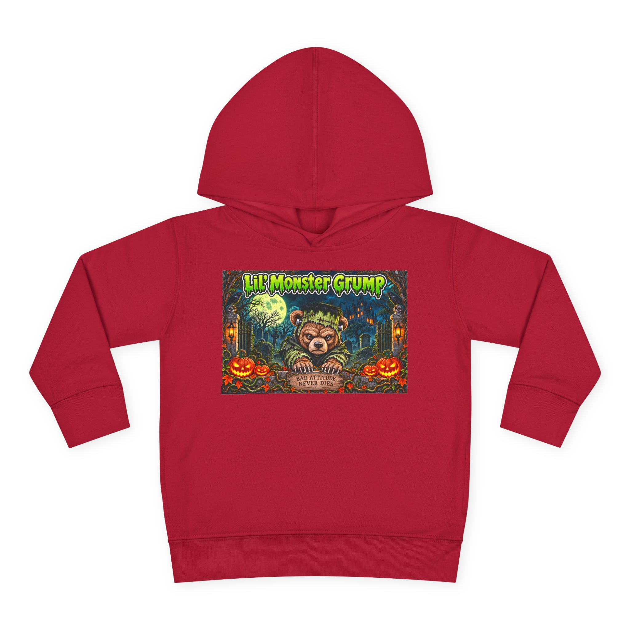Lil’ Monster Grump Hoodie in Vintage Red, laid flat