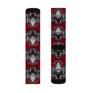 Grumpy Grizzly Crew Socks in Maroon, both sides laid flat to show the full wrap print