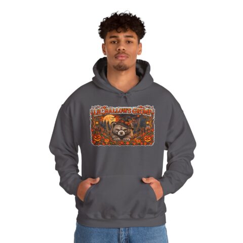 Lil’ Hallows Grump Hoodie in Charcoal, worn, front view
