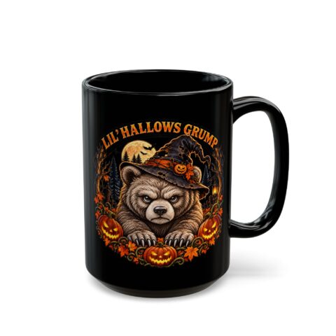 Lil' Hallows Grump Mug, 15oz black ceramic, front with the handle on the right