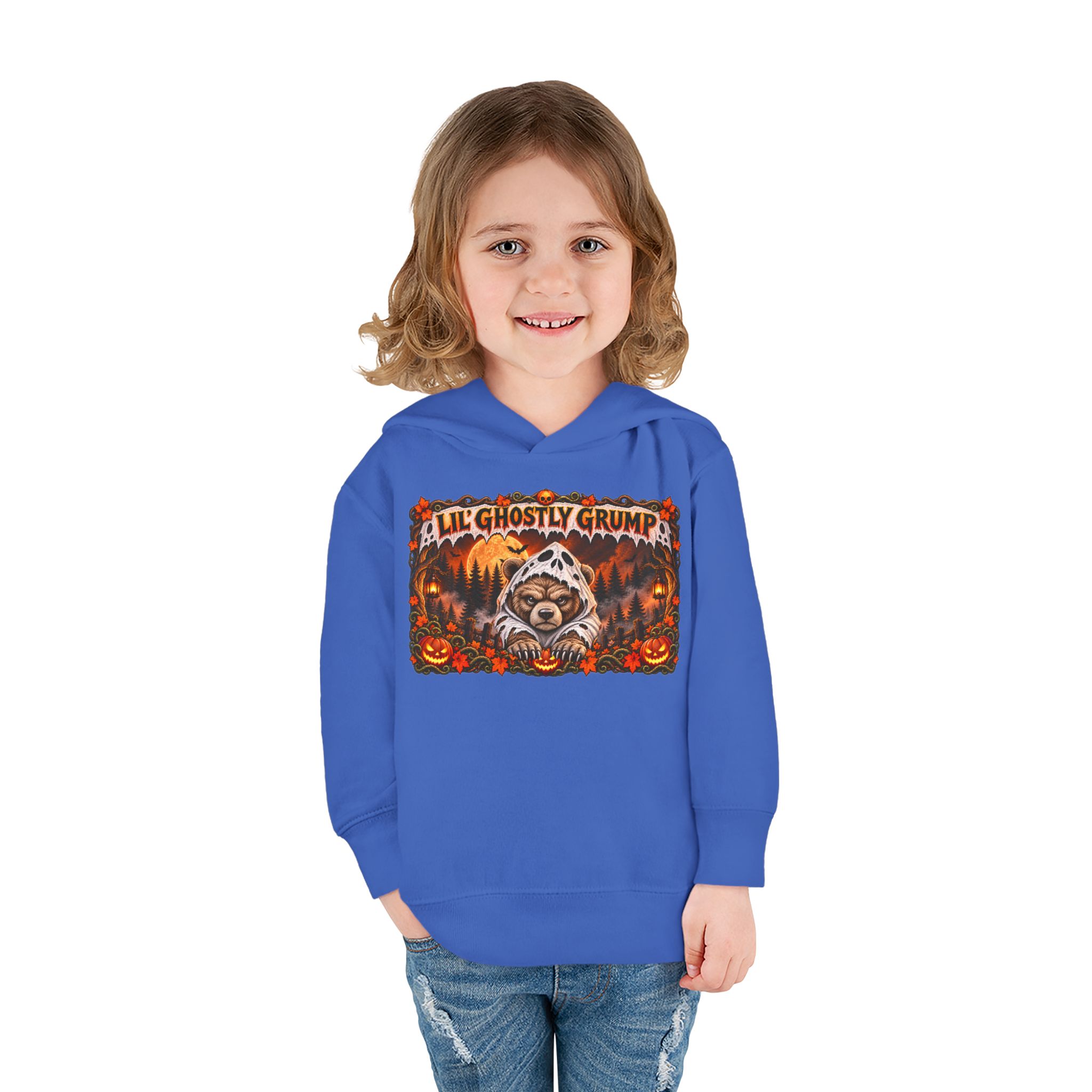 Lil’ Ghostly Grump Hoodie in Vintage Royal, worn, front view