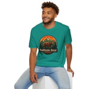 Baditude Bear Tee in Jade Dome, worn, front view