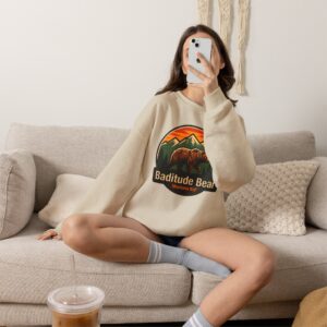 Baditude Bear Sweatshirt in Sand, worn, seated