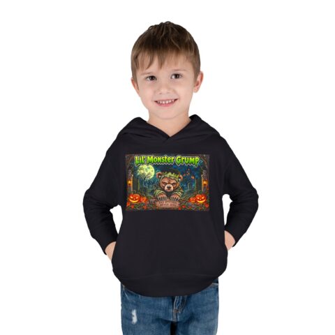 Lil’ Monster Grump Hoodie in Black, worn, front view