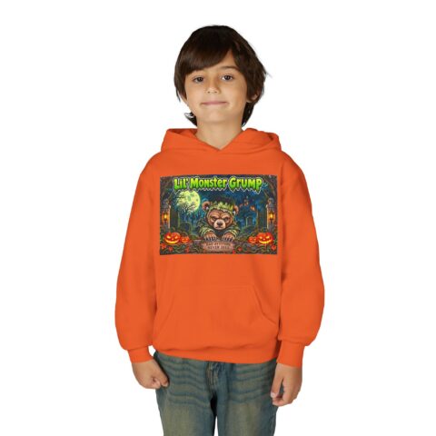 Lil’ Monster Grump Hoodie in Orange, worn, front view