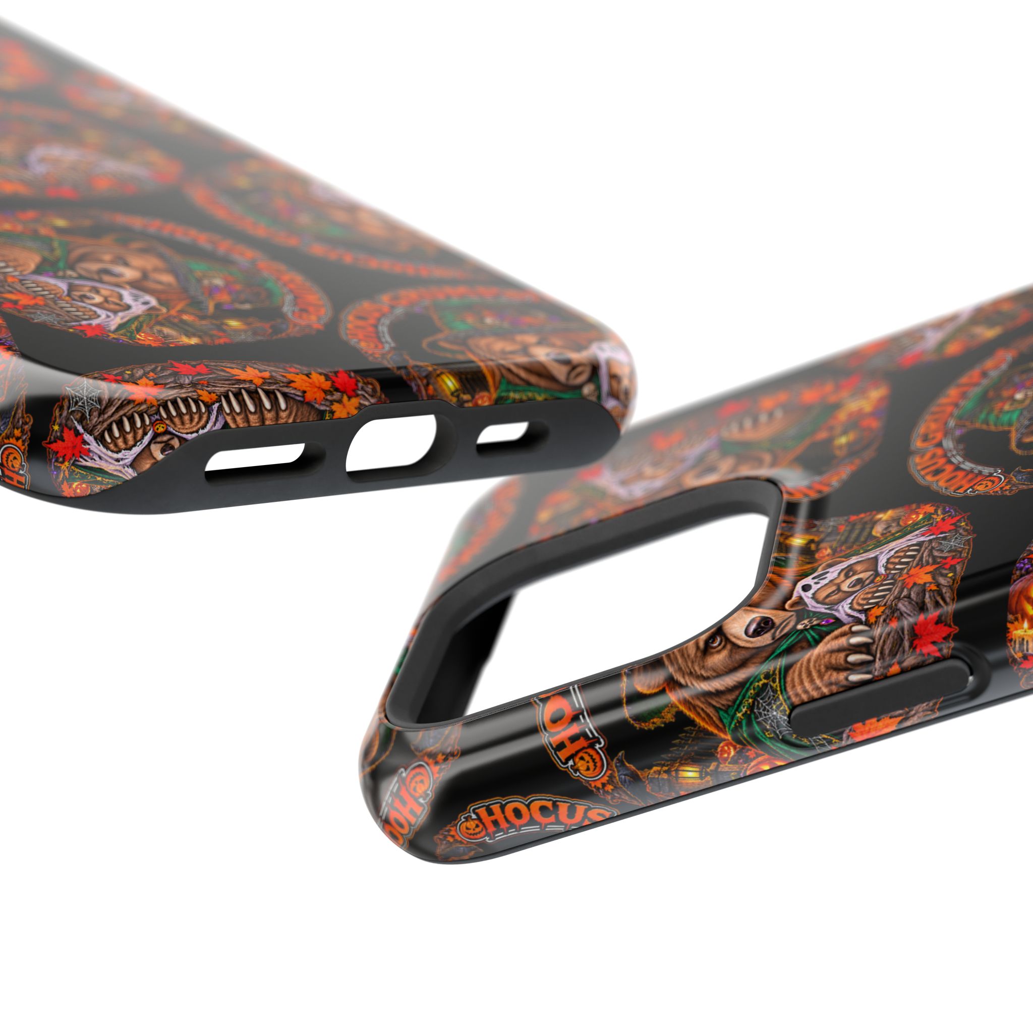 Hocus Grump Mag Phone Case, close-up of the raised edges and button cutouts