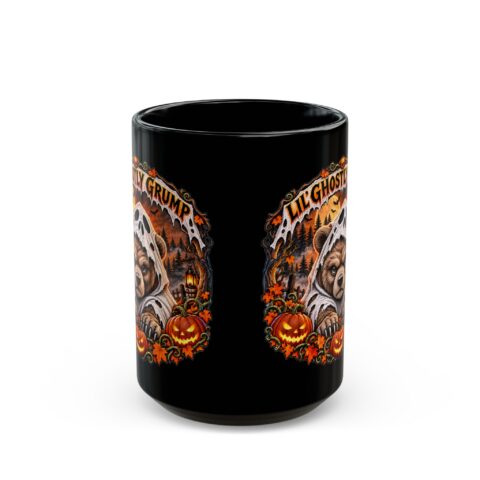 Lil' Ghostly Grump Mug in black, handle at the back, design printed on both sides