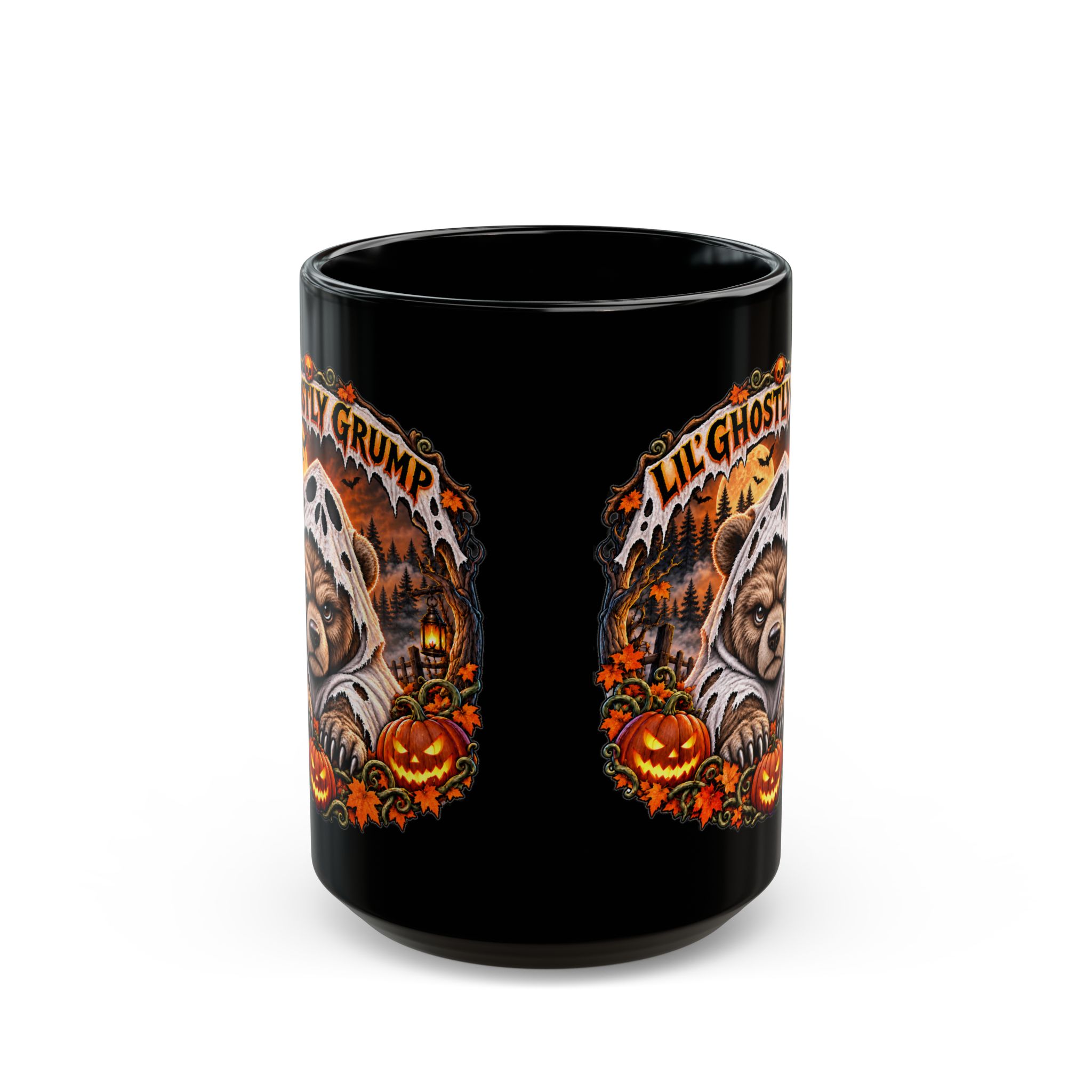 Lil' Ghostly Grump Mug in black, handle at the back, design printed on both sides