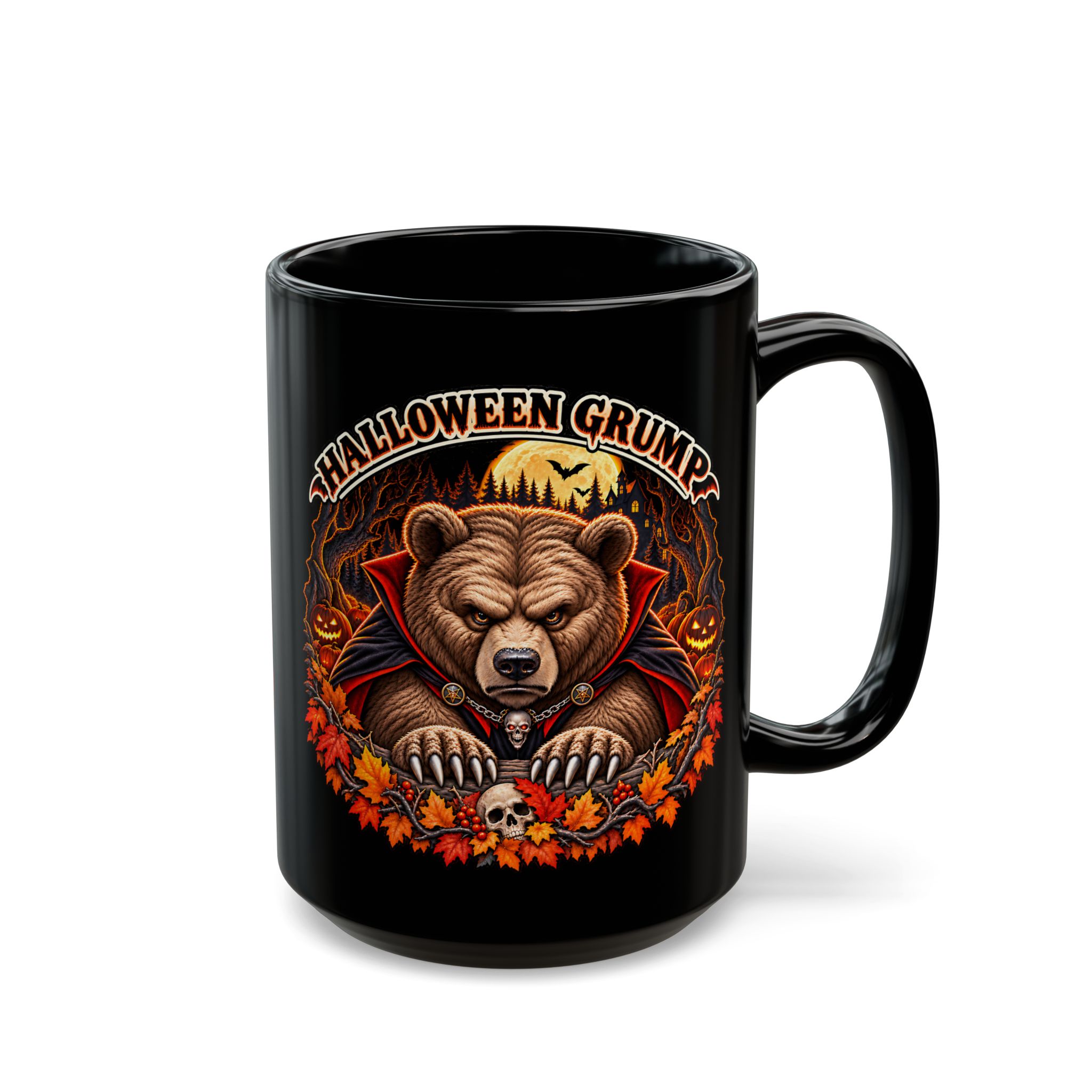 Halloween Grump Mug, 15oz black ceramic, front with the handle on the right