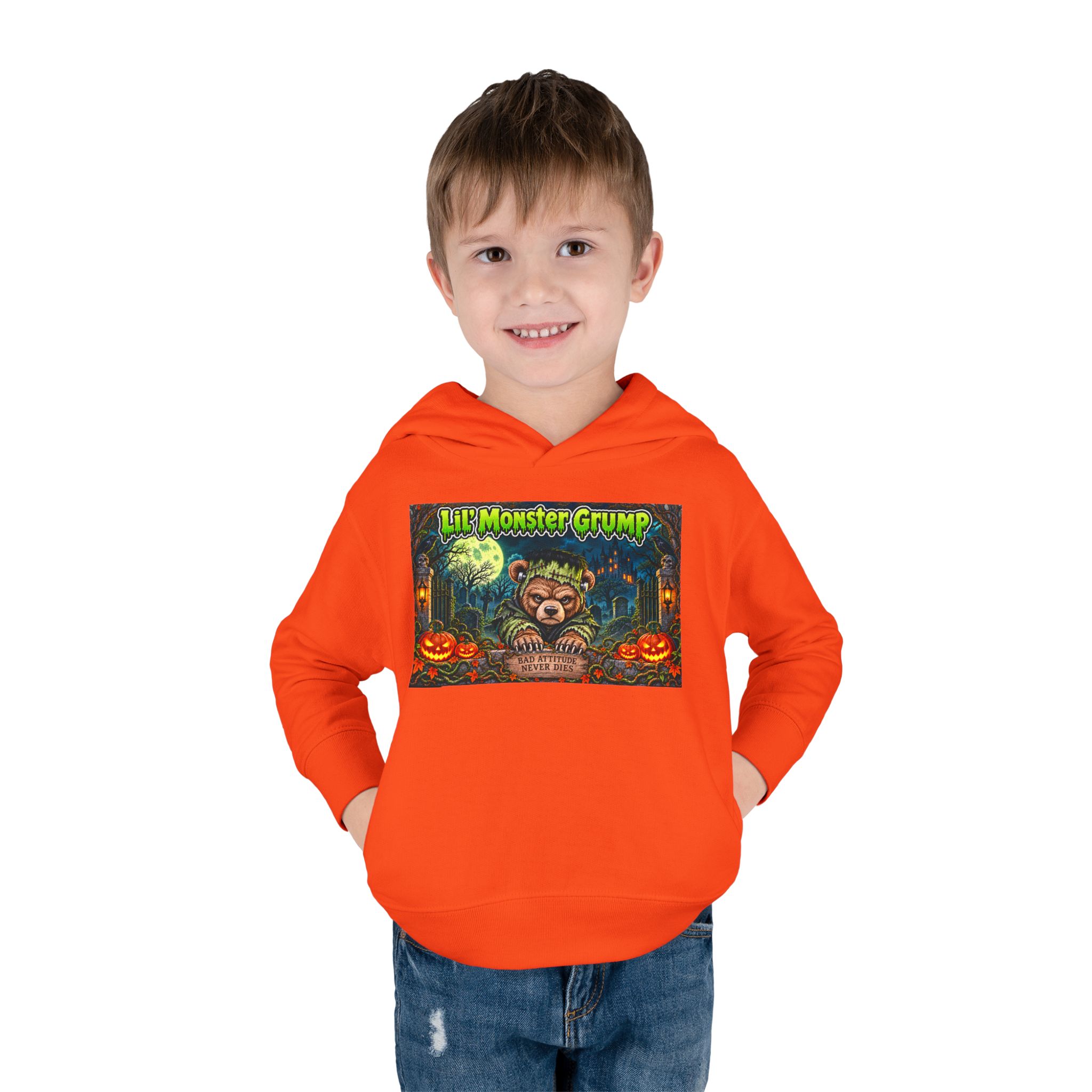 Lil’ Monster Grump Hoodie in Orange, worn, front view, second model