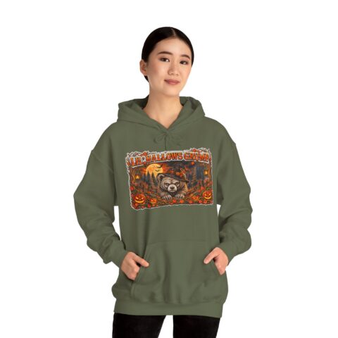 Lil’ Hallows Grump Hoodie in Military Green, worn, front view