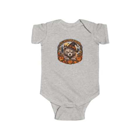 Lil’ Hallows Grump Bodysuit in Ash, laid flat