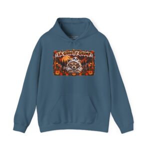 Lil’ Ghostly Grump Hoodie in Indigo Blue, laid flat