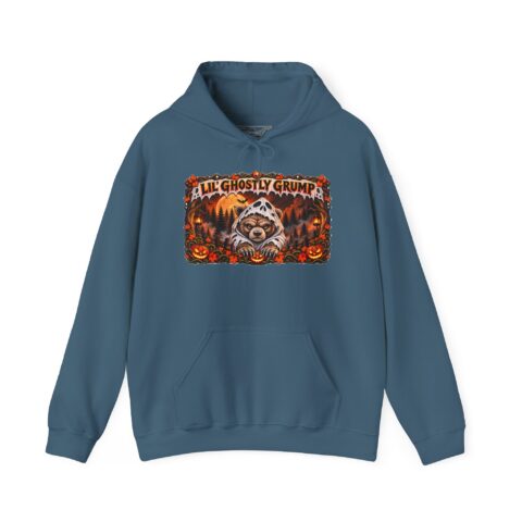 Lil’ Ghostly Grump Hoodie in Indigo Blue, laid flat