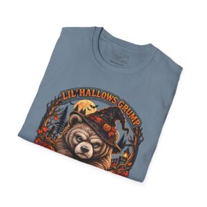 Lil’ Hallows Grump Tee in Stone Blue, folded close-up