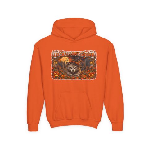 Lil’ Hallows Grump Hoodie in Orange, laid flat