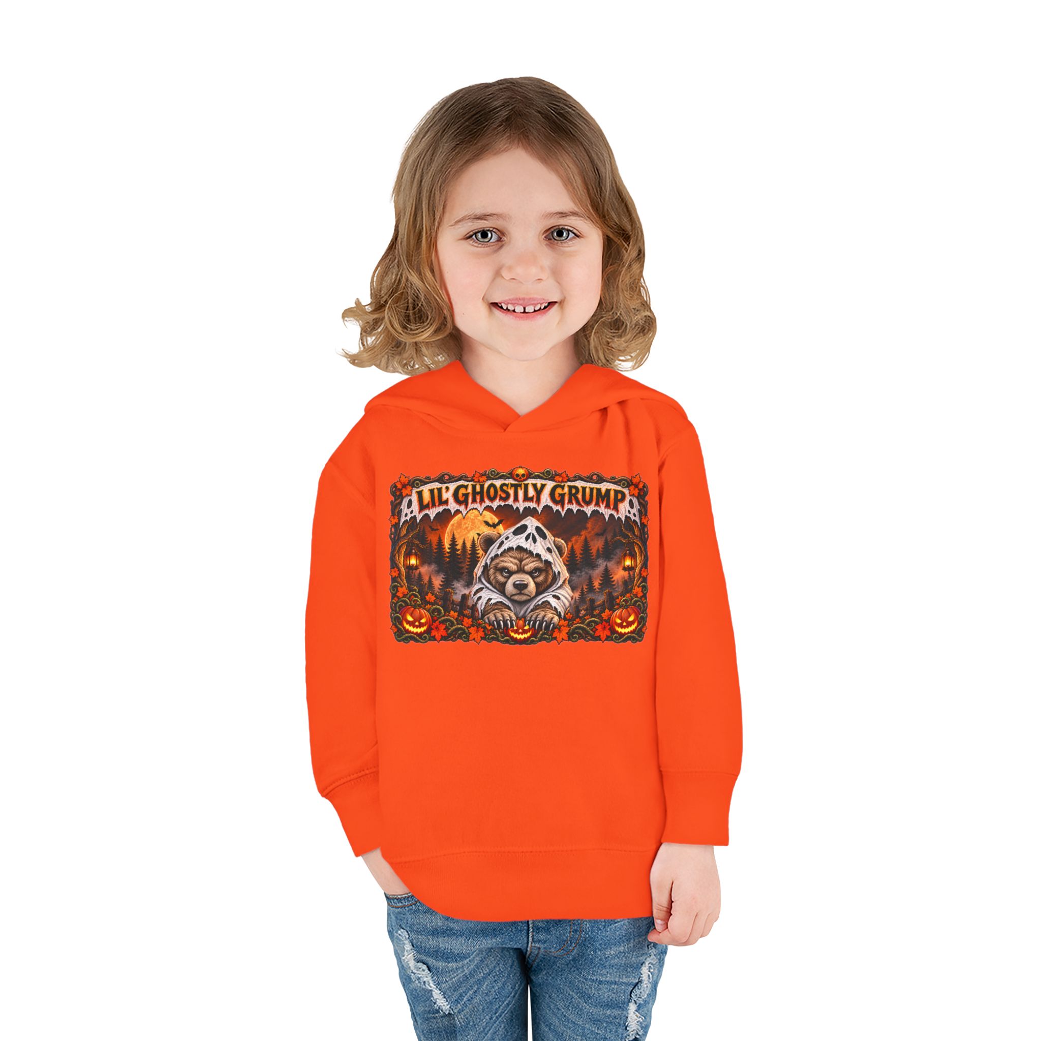 Lil’ Ghostly Grump Hoodie in Orange, worn, front view